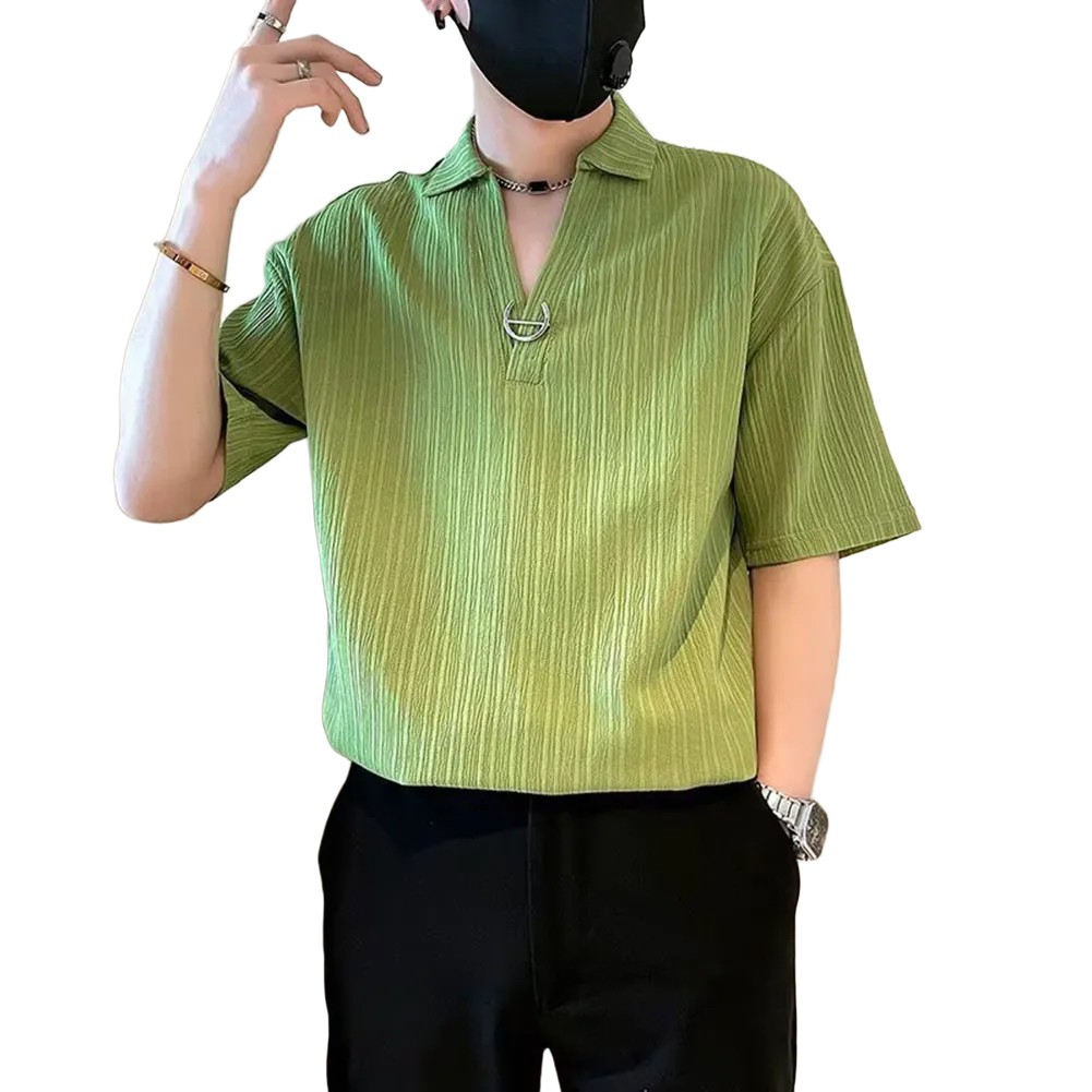 Men Lapel V-neck Loose Casual T-Shirts Handsome Five-point Short-sleeved Top Tee - Picture 21 of 22