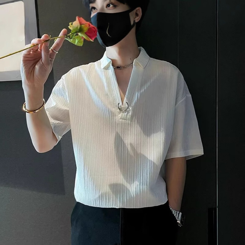 Men Lapel V-neck Loose Casual T-Shirts Handsome Five-point Short-sleeved Top Tee - Picture 16 of 22