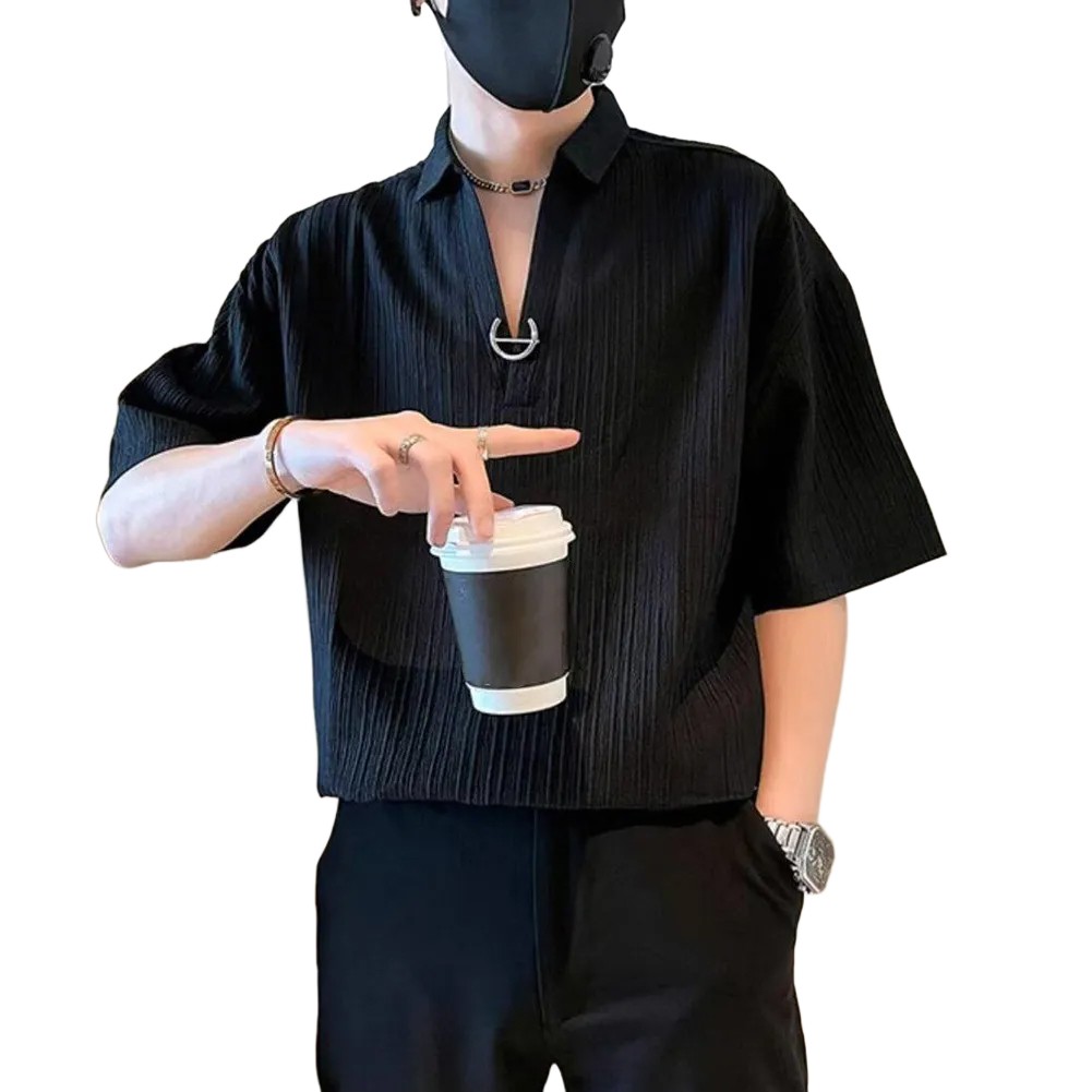 Men Lapel V-neck Loose Casual T-Shirts Handsome Five-point Short-sleeved Top Tee - Picture 18 of 22