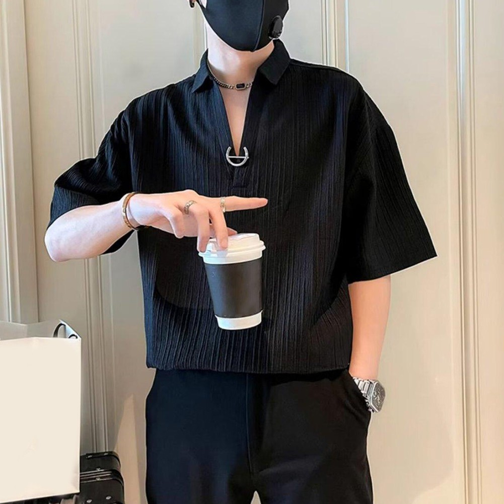 Men Lapel V-neck Loose Casual T-Shirts Handsome Five-point Short-sleeved Top Tee - Picture 19 of 22