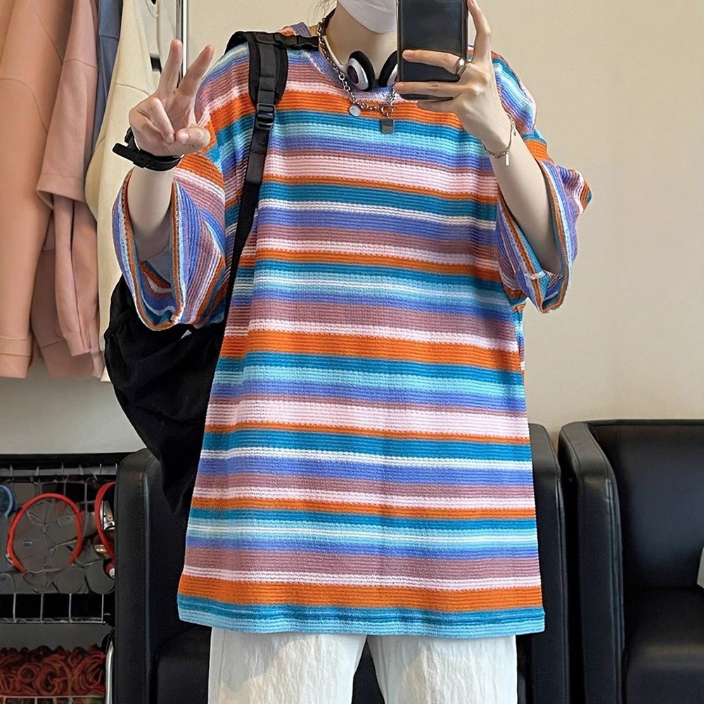 Men's Colorful Striped Short Sleeve T shirt for Casual Streetwear Style - Picture 18 of 22