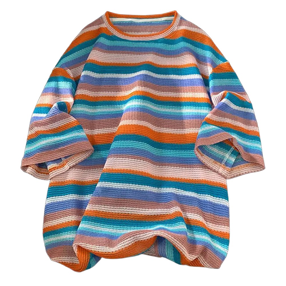 Men's Colorful Striped Short Sleeve T shirt for Casual Streetwear Style - Picture 19 of 22