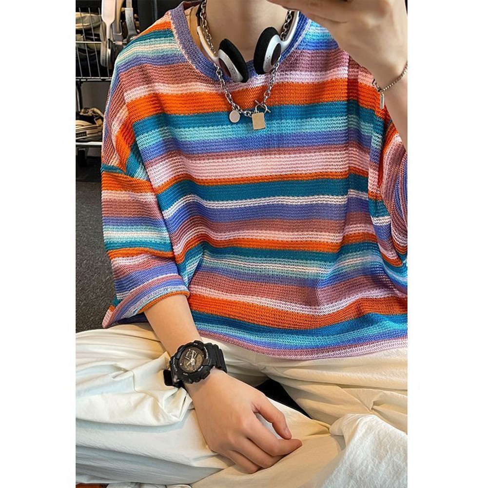 Men's Colorful Striped Short Sleeve T shirt for Casual Streetwear Style - Picture 21 of 22