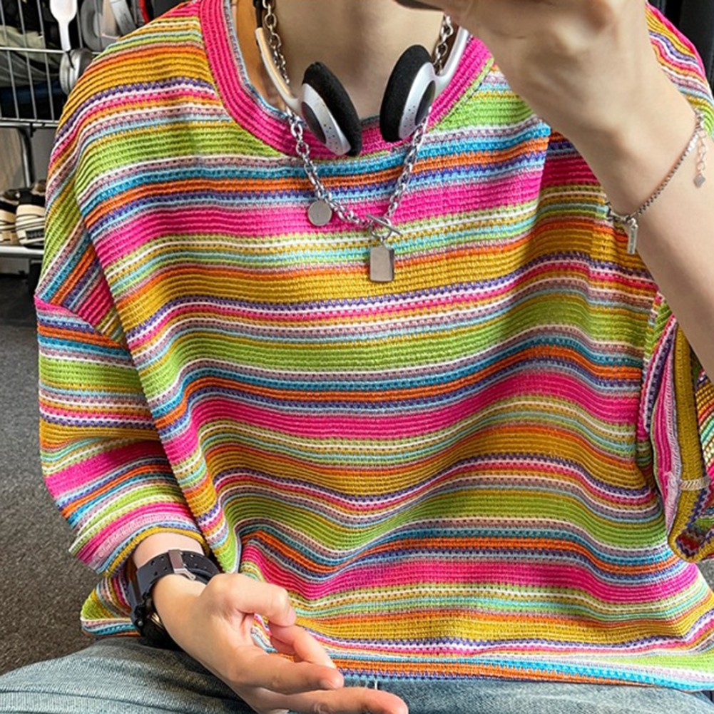 Men's Colorful Striped Short Sleeve T shirt for Casual Streetwear Style - Picture 17 of 22