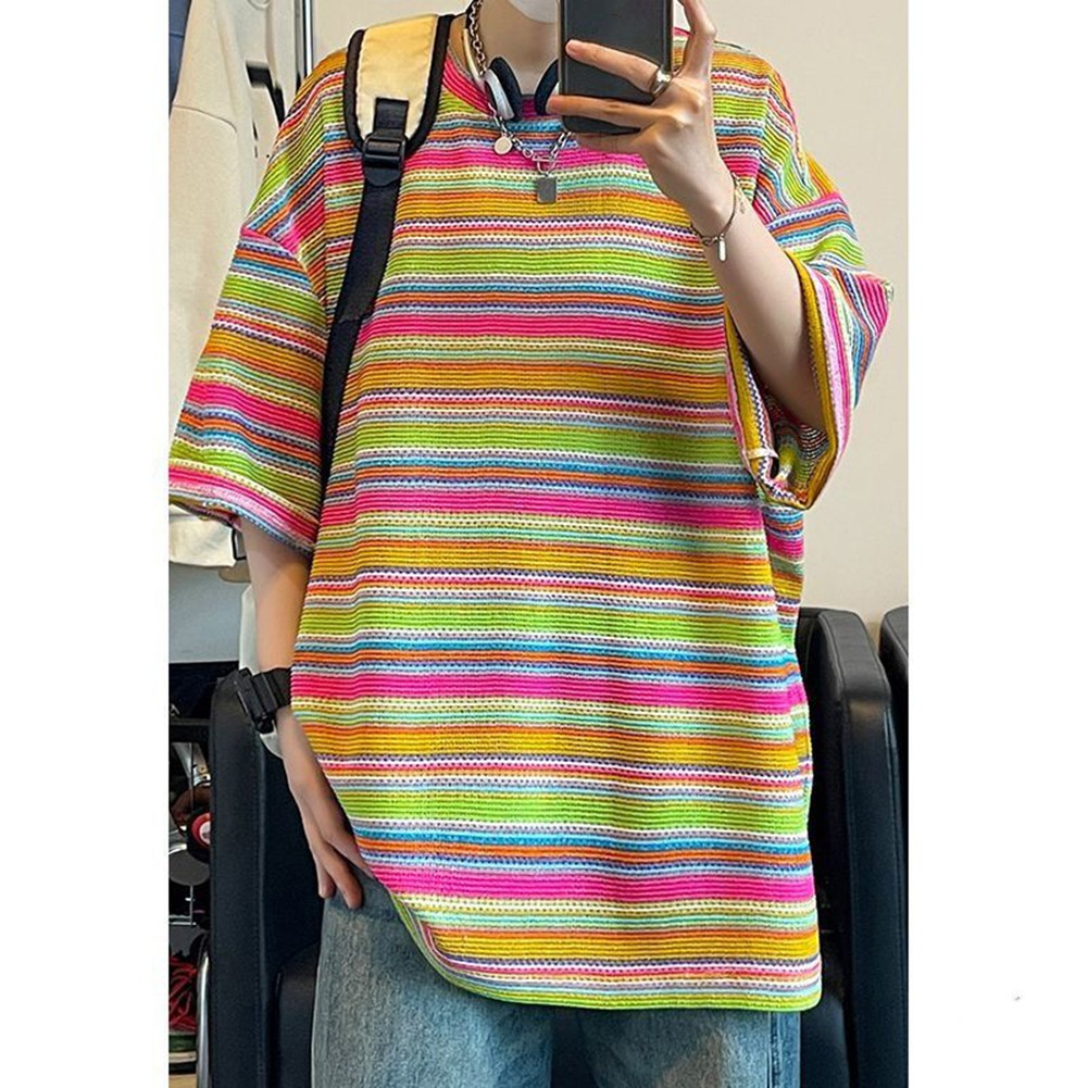 Men's Colorful Striped Short Sleeve T shirt for Casual Streetwear Style - Picture 15 of 22