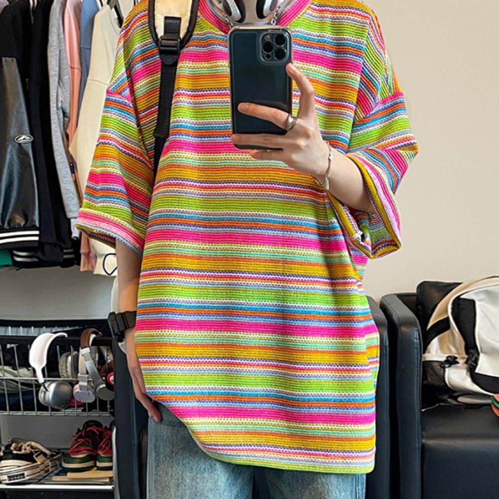 Men's Colorful Striped Short Sleeve T shirt for Casual Streetwear Style - Picture 13 of 22