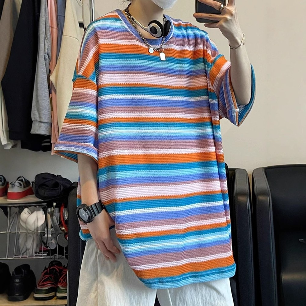 Men's Colorful Striped Short Sleeve T shirt for Casual Streetwear Style - Picture 22 of 22