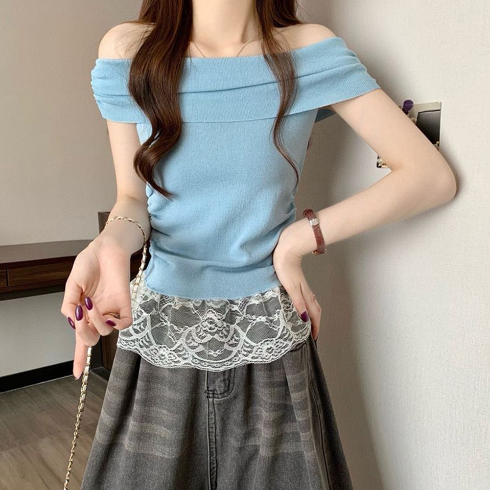 Off Shoulder Lace T Shirt for Women Short Sleeve Casual Top for Summer Days - Picture 22 of 39