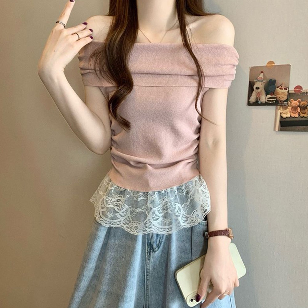 Off Shoulder Lace T Shirt for Women Short Sleeve Casual Top for Summer Days - Picture 26 of 39