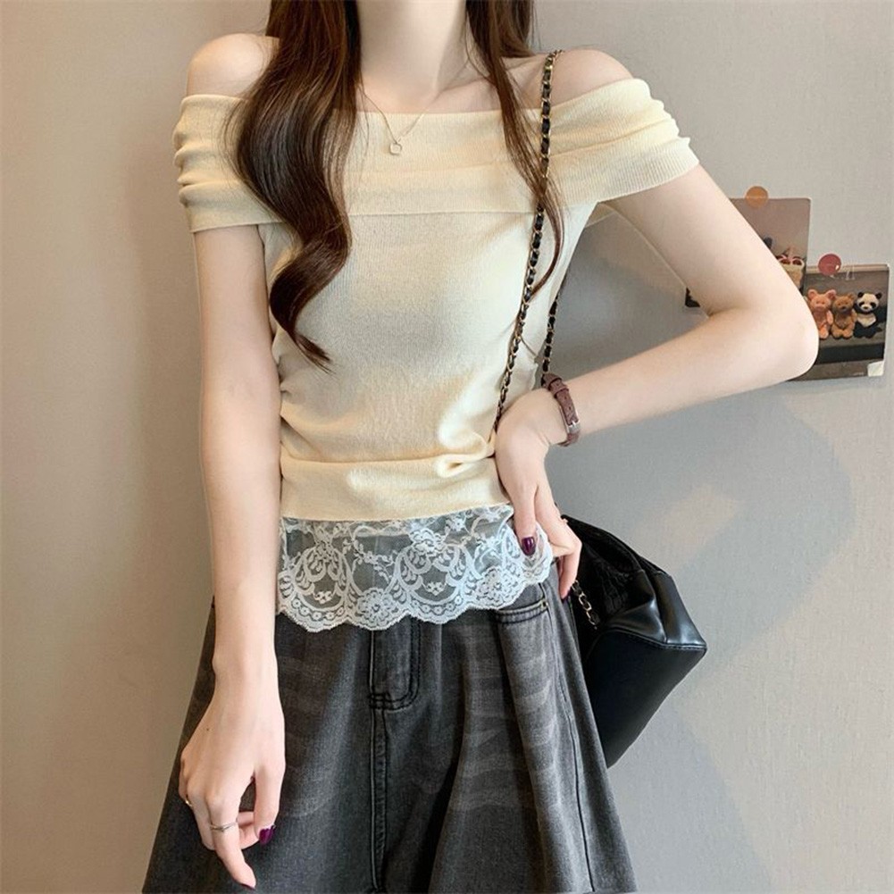Off Shoulder Lace T Shirt for Women Short Sleeve Casual Top for Summer Days - Picture 19 of 39