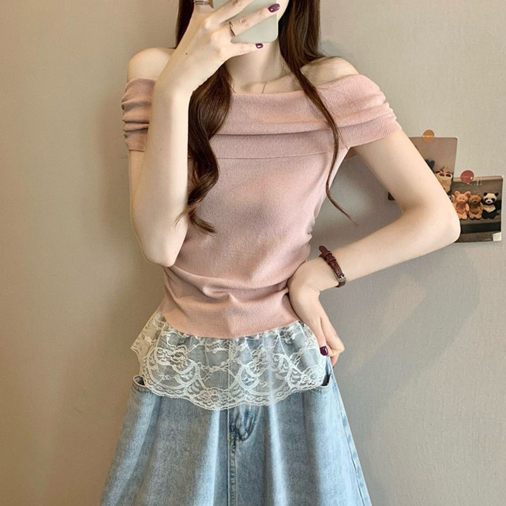 Off Shoulder Lace T Shirt for Women Short Sleeve Casual Top for Summer Days - Picture 28 of 39