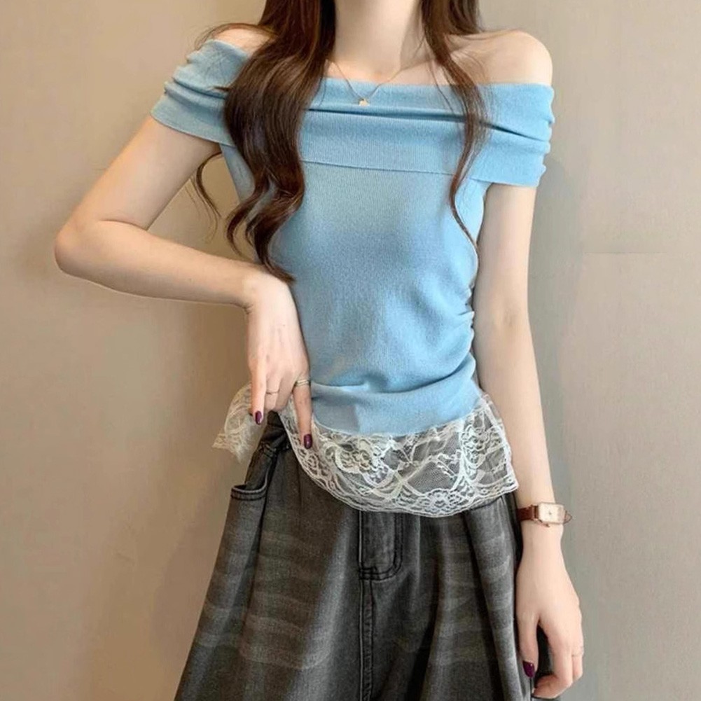 Off Shoulder Lace T Shirt for Women Short Sleeve Casual Top for Summer Days - Picture 21 of 39