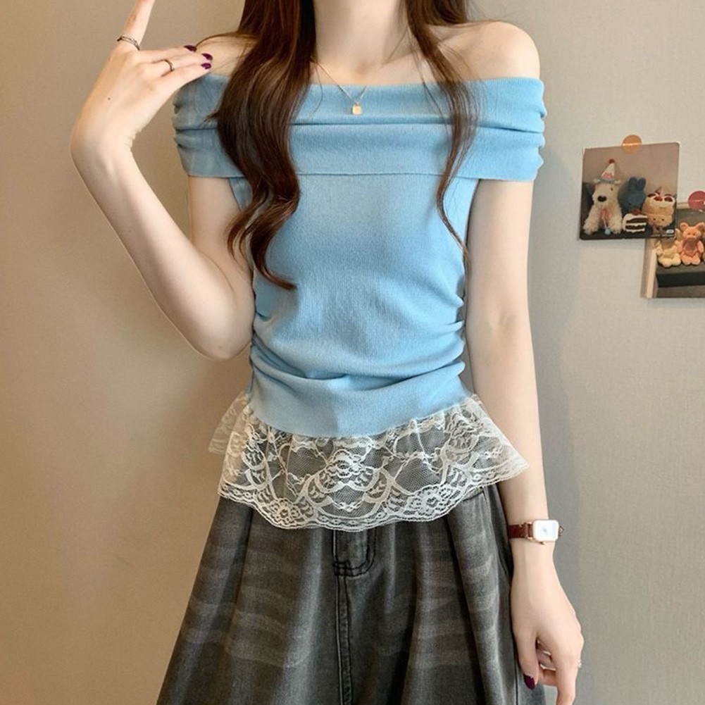 Off Shoulder Lace T Shirt for Women Short Sleeve Casual Top for Summer Days - Picture 24 of 39