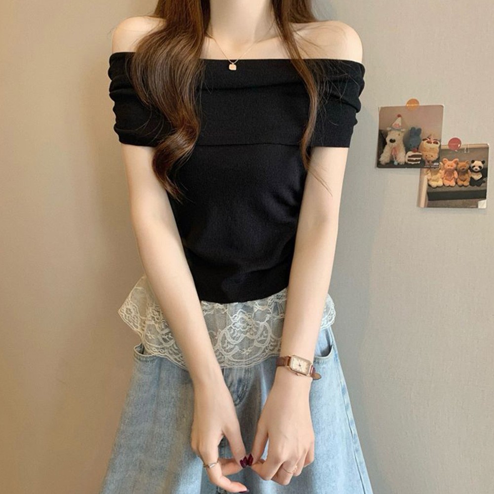 Chic Women Lace Off Shoulder Short Sleeve T Shirt for Outdoor Activities - Picture 17 of 17
