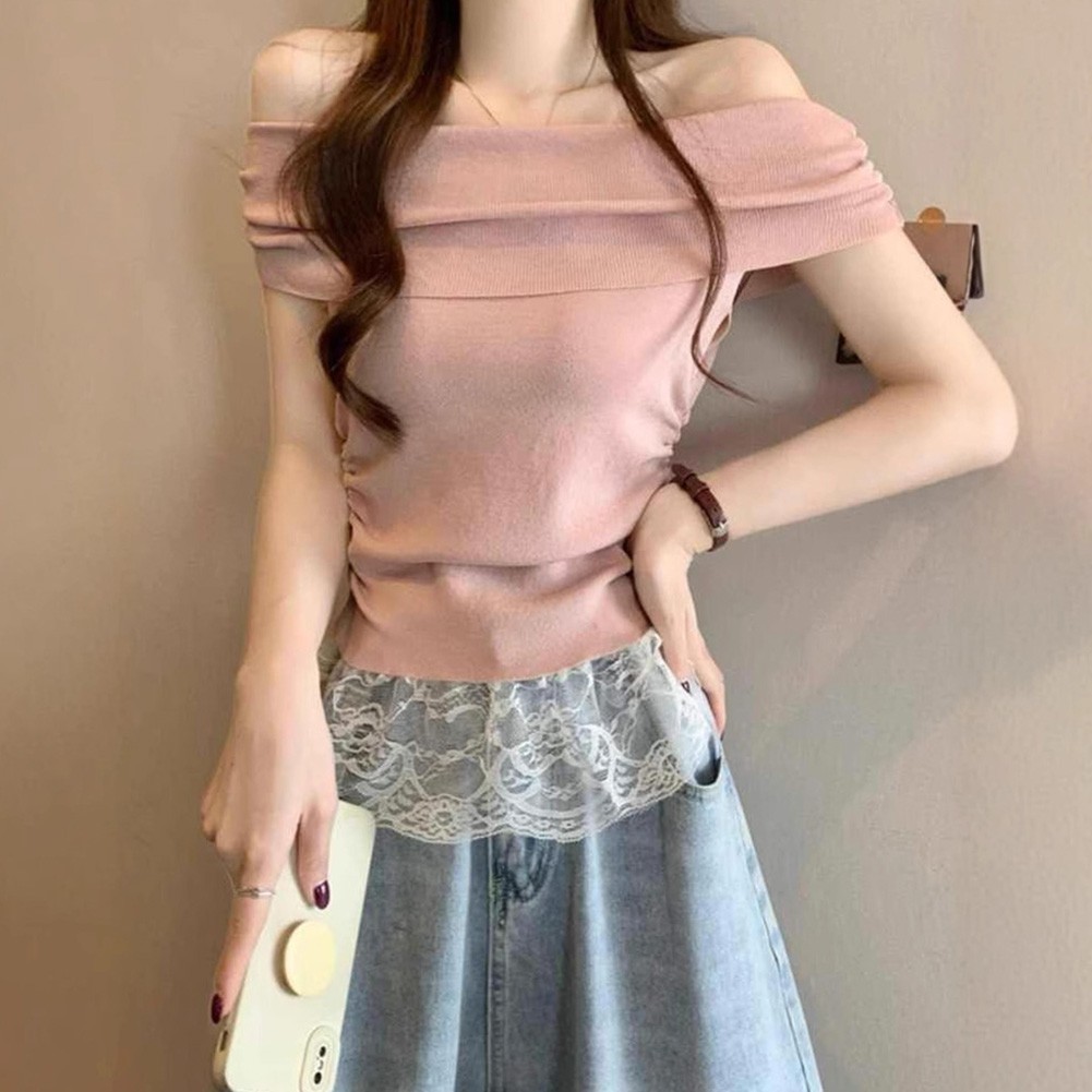 Off Shoulder Lace T Shirt for Women Short Sleeve Casual Top for Summer Days - Picture 25 of 39