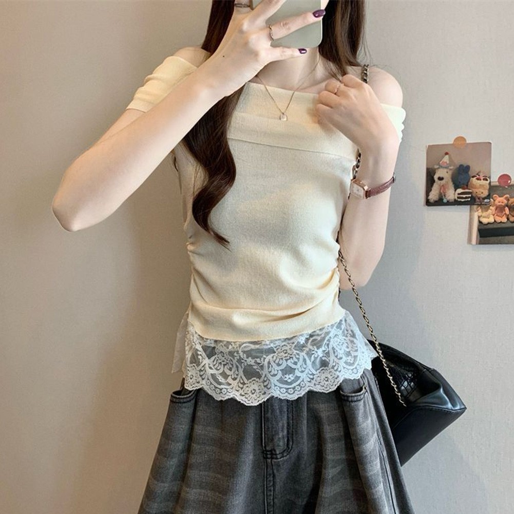 Off Shoulder Lace T Shirt for Women Short Sleeve Casual Top for Summer Days - Picture 18 of 39