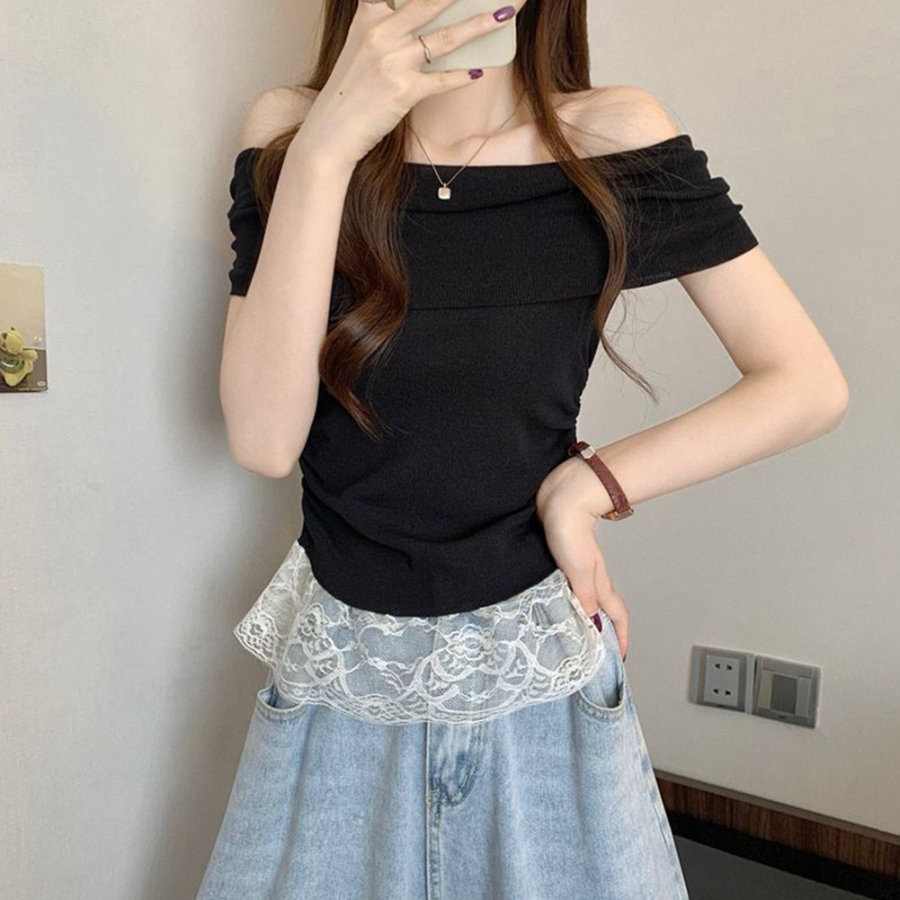 Chic Women Lace Off Shoulder Short Sleeve T Shirt for Outdoor Activities - Picture 15 of 17