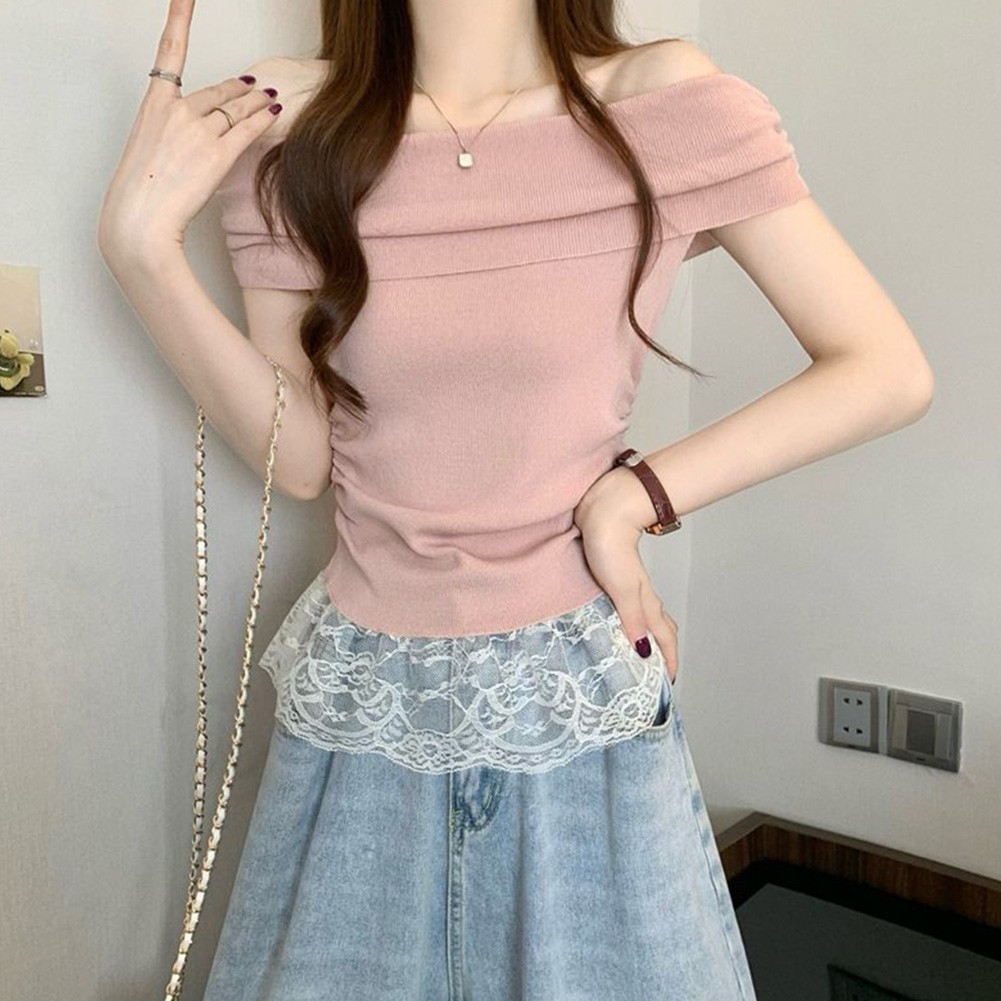 Off Shoulder Lace T Shirt for Women Short Sleeve Casual Top for Summer Days - Picture 29 of 39