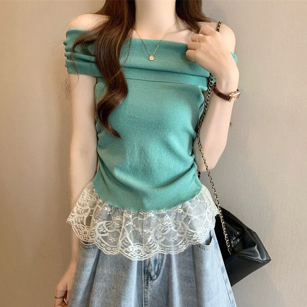 Off Shoulder Lace T Shirt for Women Short Sleeve Casual Top for Summer Days - Picture 30 of 39