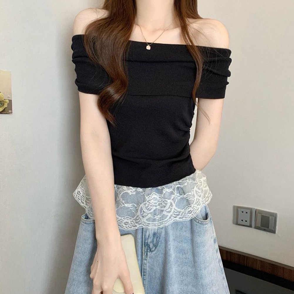 Chic Women Lace Off Shoulder Short Sleeve T Shirt for Outdoor Activities - Picture 13 of 17