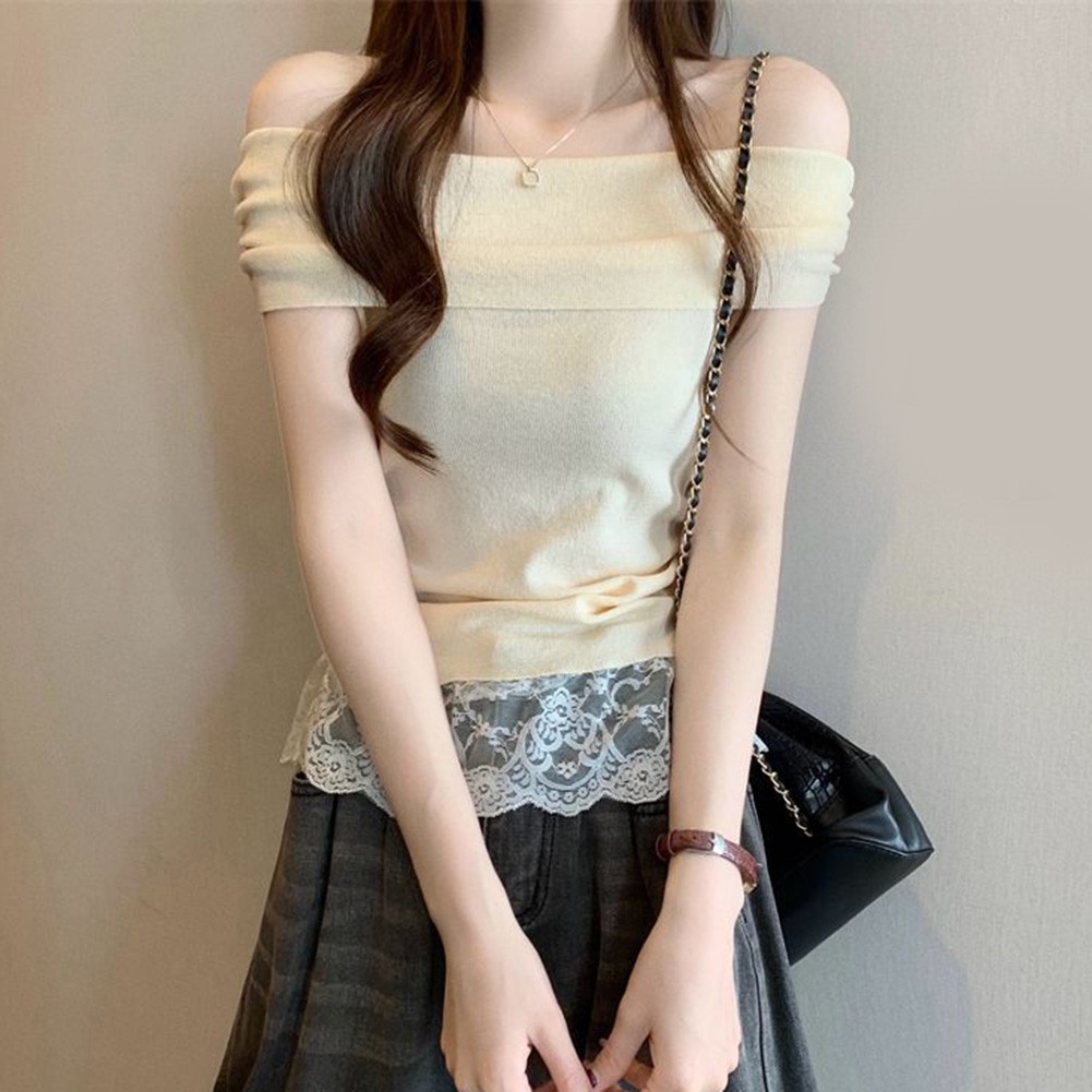 Off Shoulder Lace T Shirt for Women Short Sleeve Casual Top for Summer Days - Picture 16 of 39