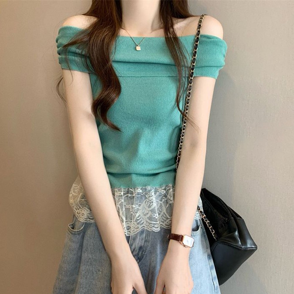 Off Shoulder Lace T Shirt for Women Short Sleeve Casual Top for Summer Days - Picture 33 of 39