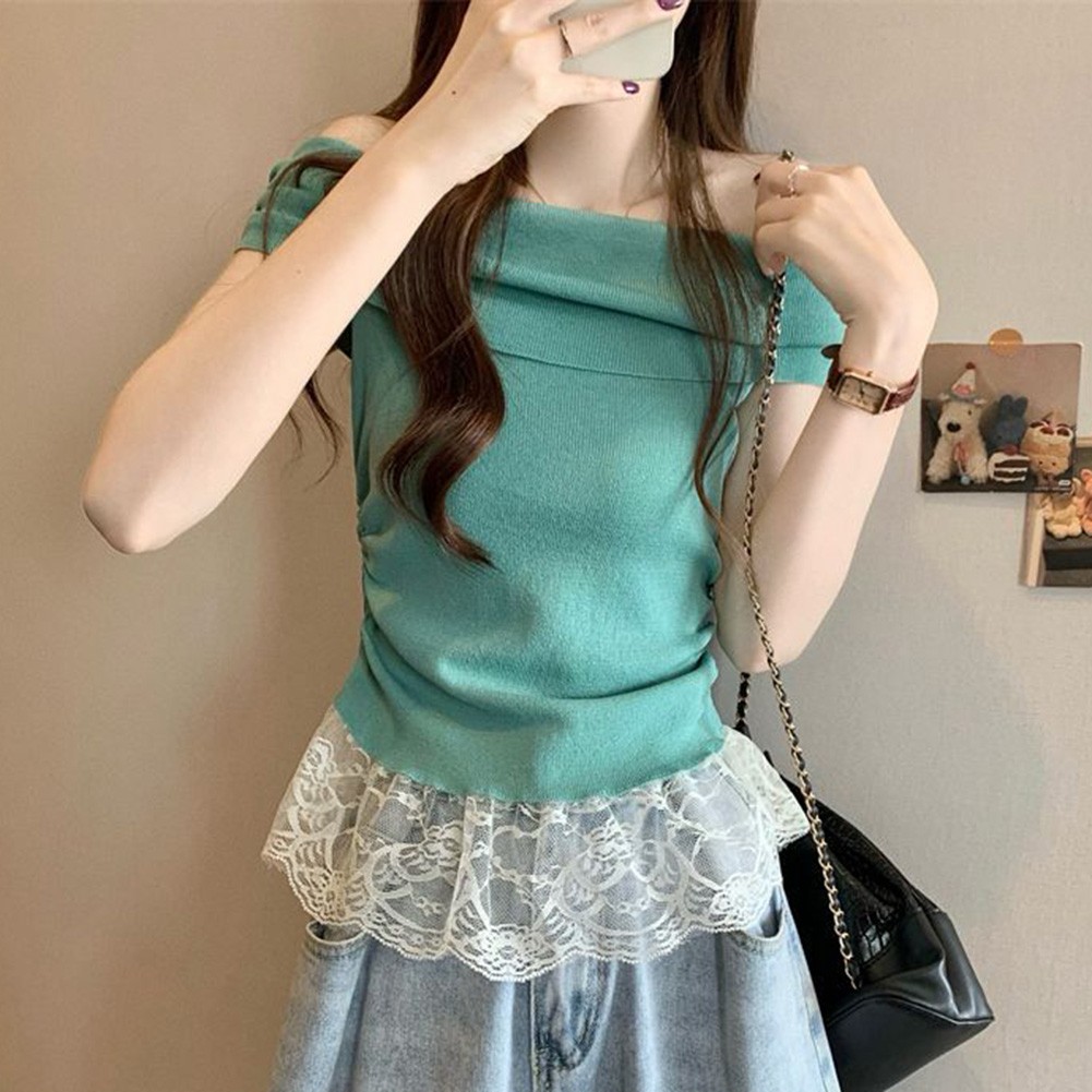 Off Shoulder Lace T Shirt for Women Short Sleeve Casual Top for Summer Days - Picture 31 of 39