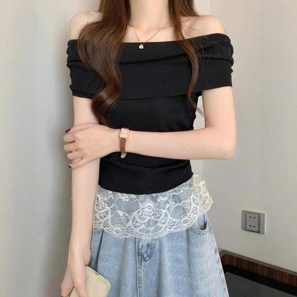 Chic Women Lace Off Shoulder Short Sleeve T Shirt for Outdoor Activities - Picture 14 of 17