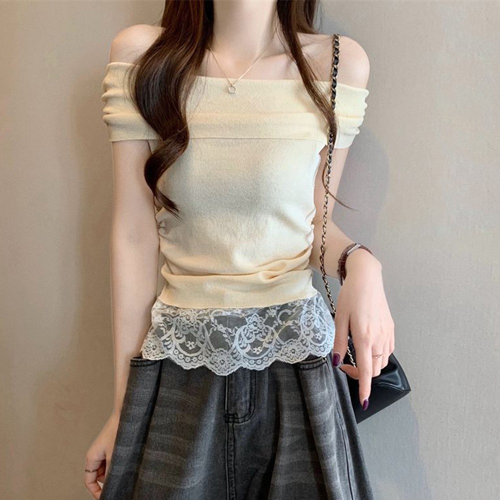 Off Shoulder Lace T Shirt for Women Short Sleeve Casual Top for Summer Days - Picture 17 of 39