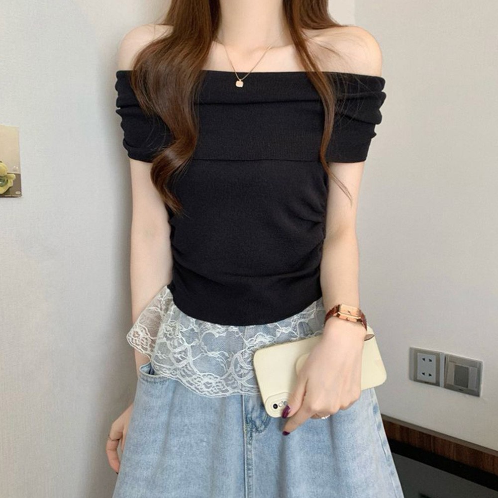 Chic Women Lace Off Shoulder Short Sleeve T Shirt for Outdoor Activities - Picture 16 of 17
