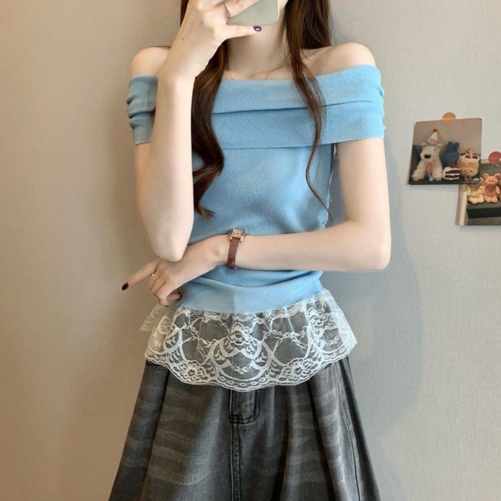 Off Shoulder Lace T Shirt for Women Short Sleeve Casual Top for Summer Days - Picture 23 of 39