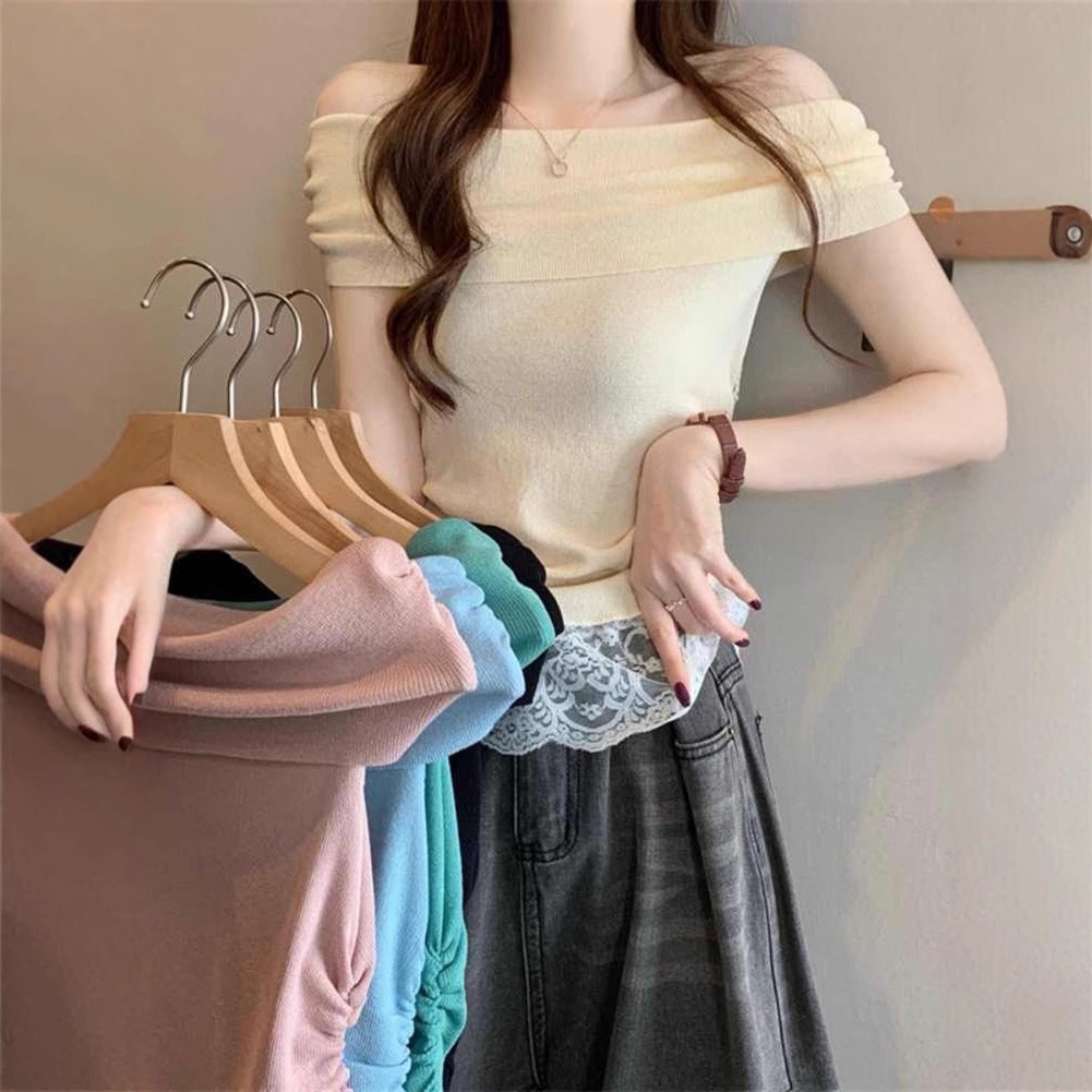 Off Shoulder Lace T Shirt for Women Short Sleeve Casual Top for Summer Days - Picture 15 of 39