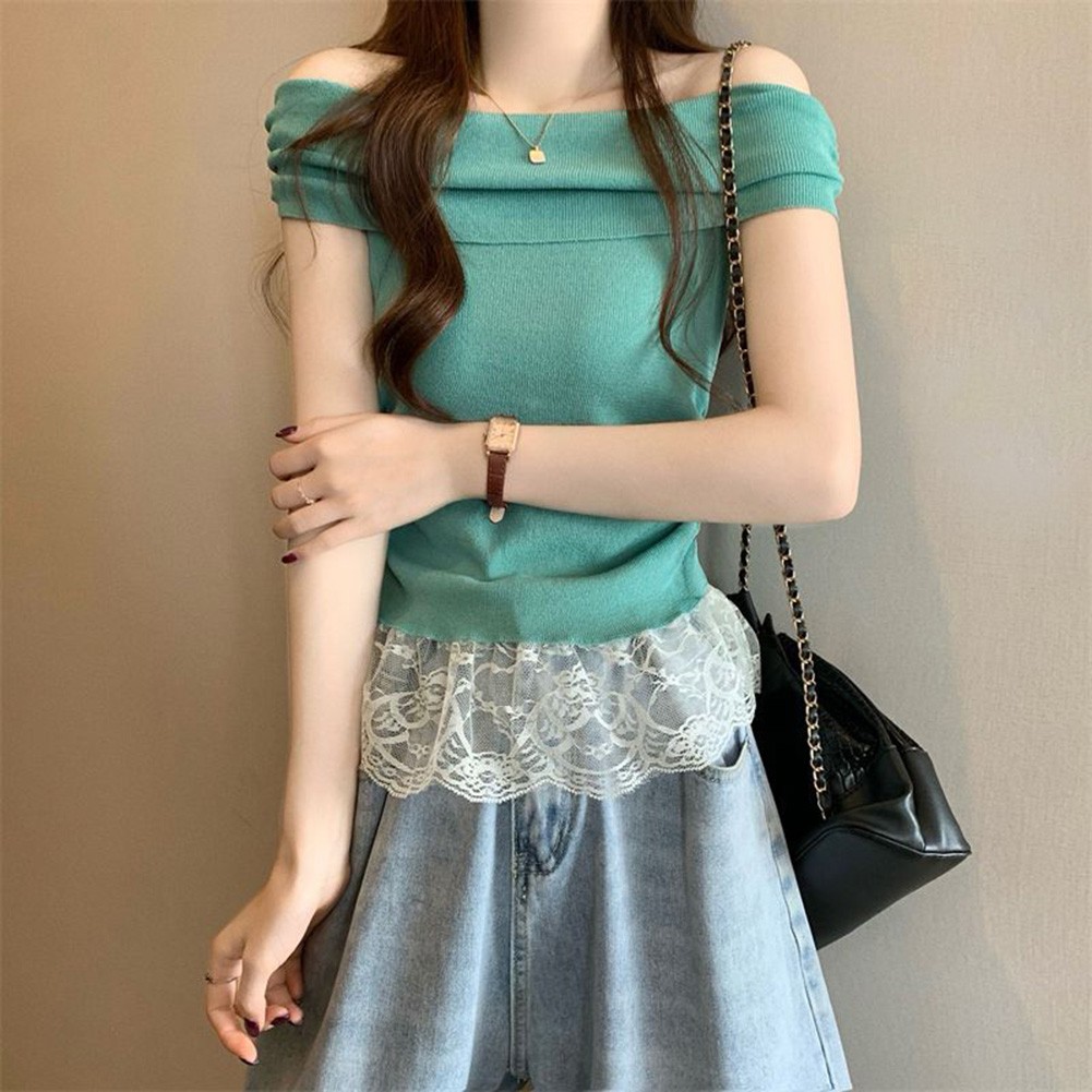 Off Shoulder Lace T Shirt for Women Short Sleeve Casual Top for Summer Days - Picture 34 of 39