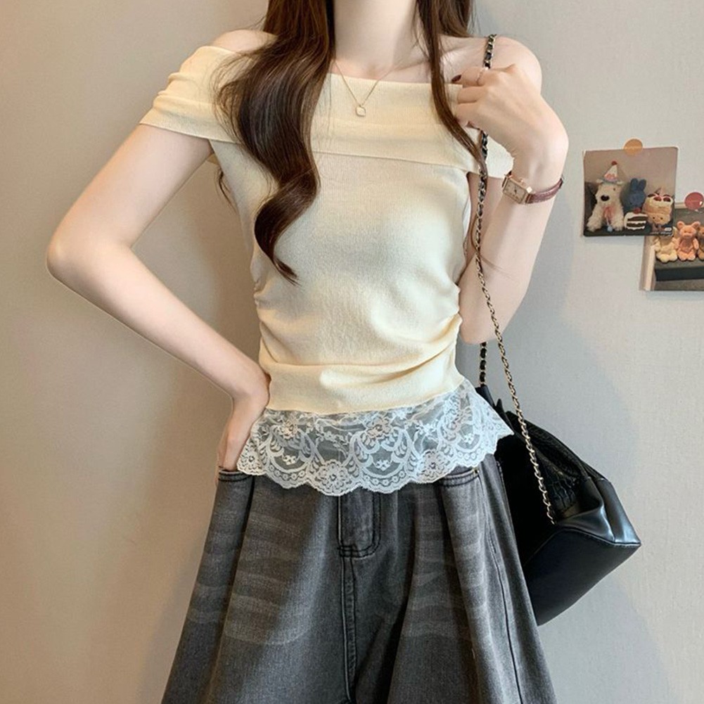 Off Shoulder Lace T Shirt for Women Short Sleeve Casual Top for Summer Days - Picture 14 of 39