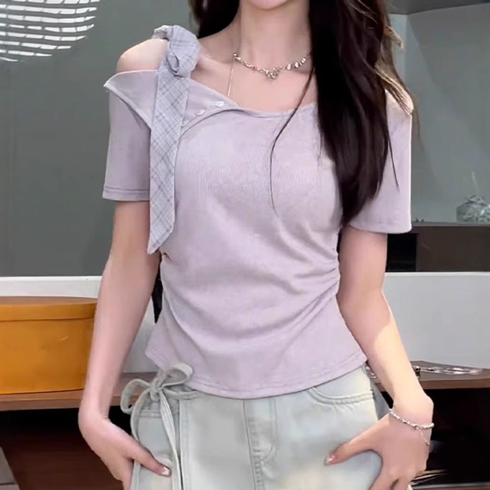 Womens Off Shoulder Bow Tie Summer Short Sleeve T Shirt in Solid Colors
