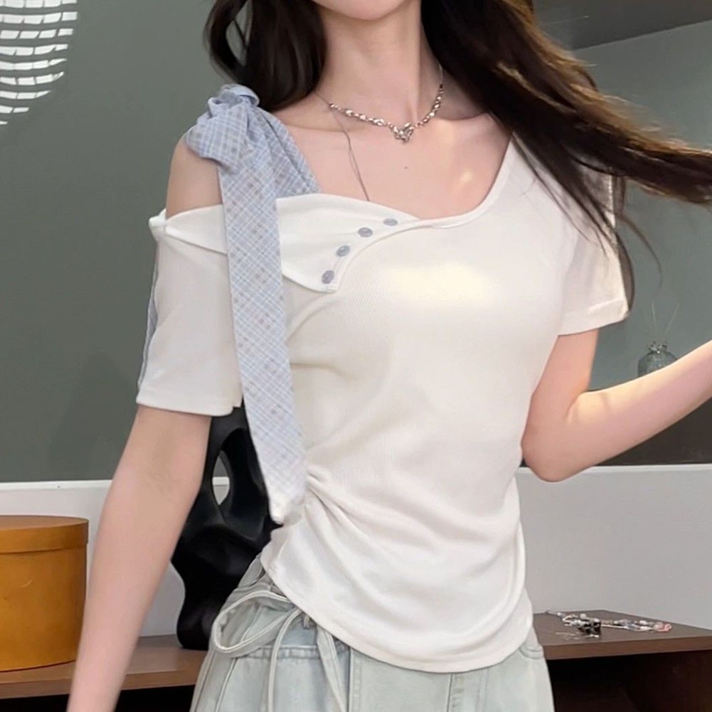 Womens Off Shoulder Bow Tie Summer Short Sleeve T Shirt in Solid Colors