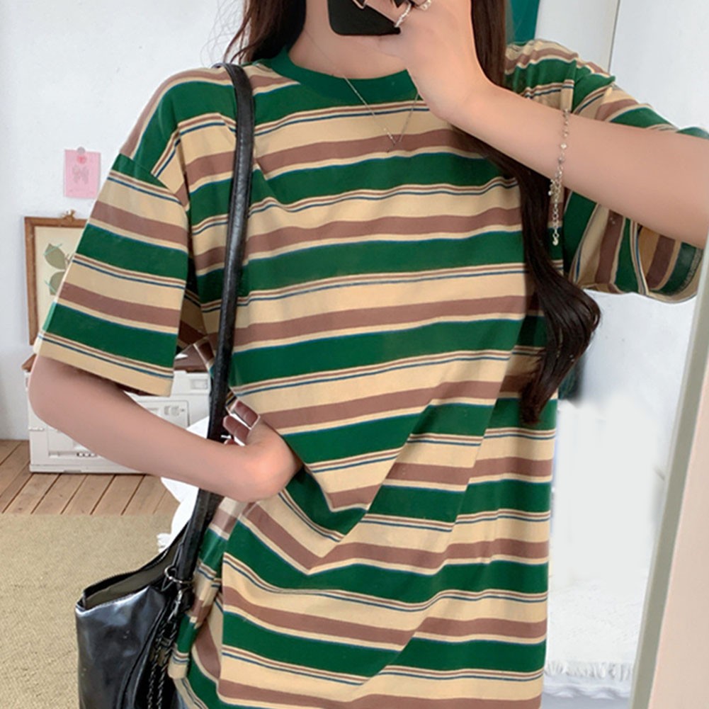 Women Summer Contrast Color Striped Loose Short Sleeve T Shirt Casual Top - Picture 18 of 40