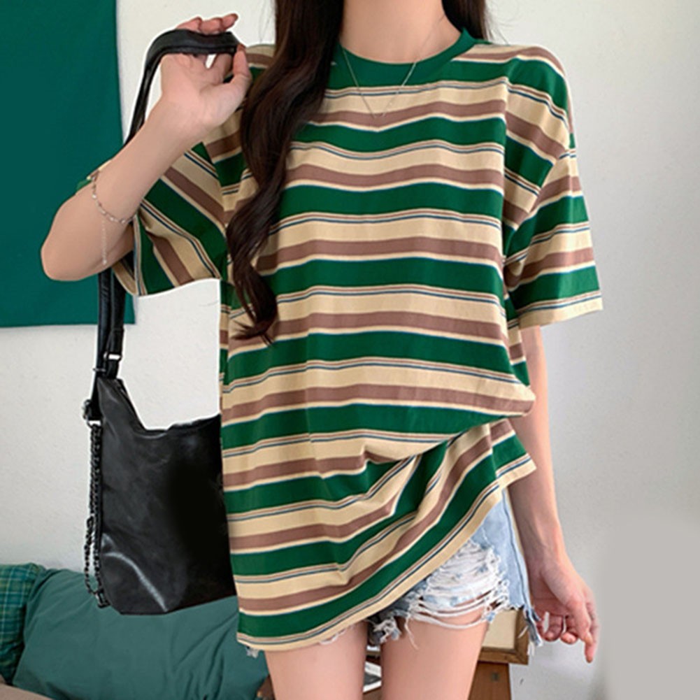 Women Summer Contrast Color Striped Loose Short Sleeve T Shirt Casual Top - Picture 15 of 40