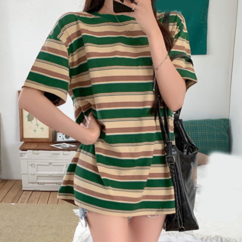 Women Summer Contrast Color Striped Loose Short Sleeve T Shirt Casual Top - Picture 17 of 40