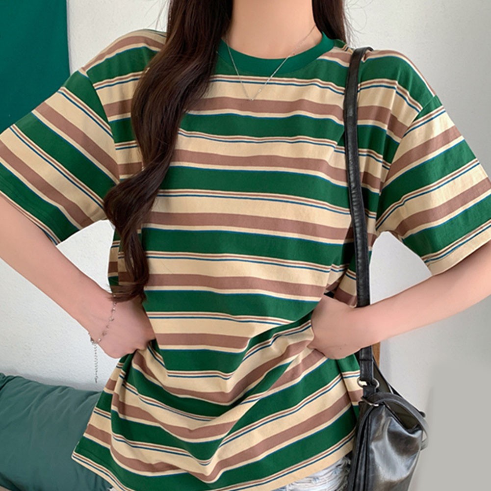 Women Summer Contrast Color Striped Loose Short Sleeve T Shirt Casual Top - Picture 14 of 40