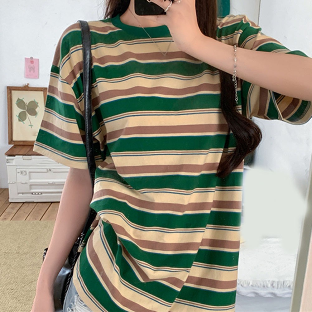 Women Summer Contrast Color Striped Loose Short Sleeve T Shirt Casual Top - Picture 13 of 40