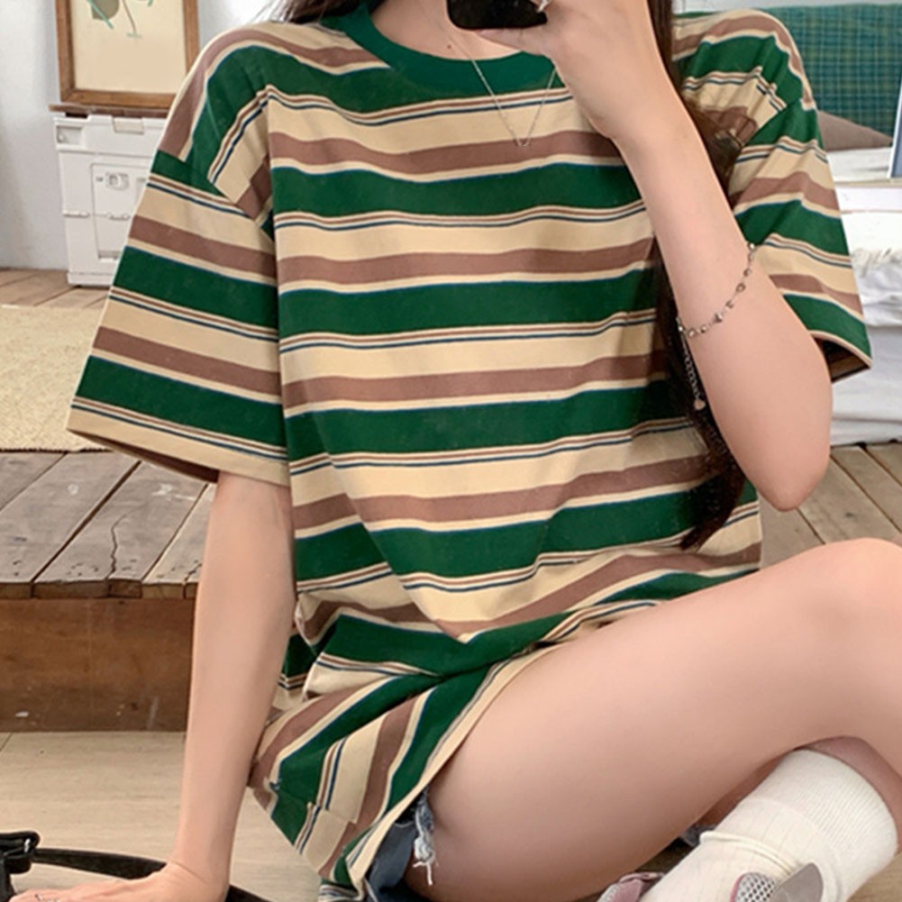 Women Summer Contrast Color Striped Loose Short Sleeve T Shirt Casual Top - Picture 16 of 40