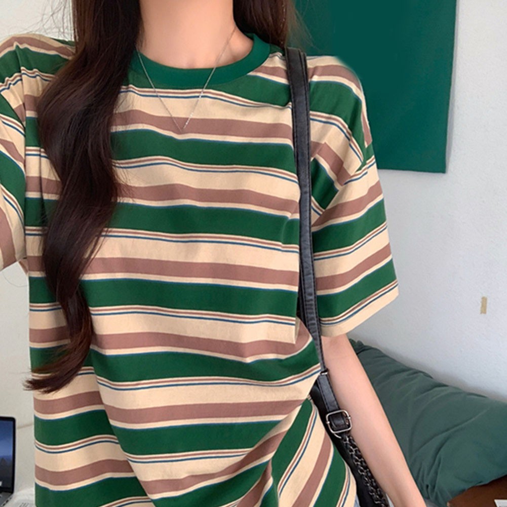Women Summer Contrast Color Striped Loose Short Sleeve T Shirt Casual Top - Picture 19 of 40