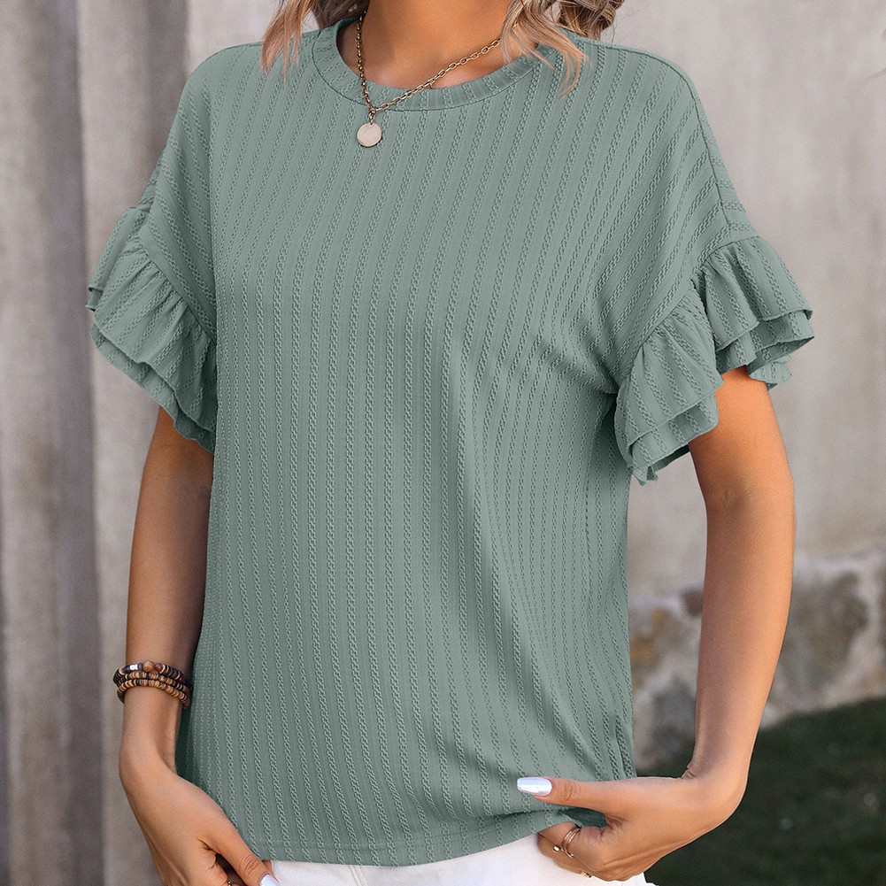 Elegant Women's Round Neck TShirt with Flutter Sleeves in Solid Shades - Picture 52 of 76