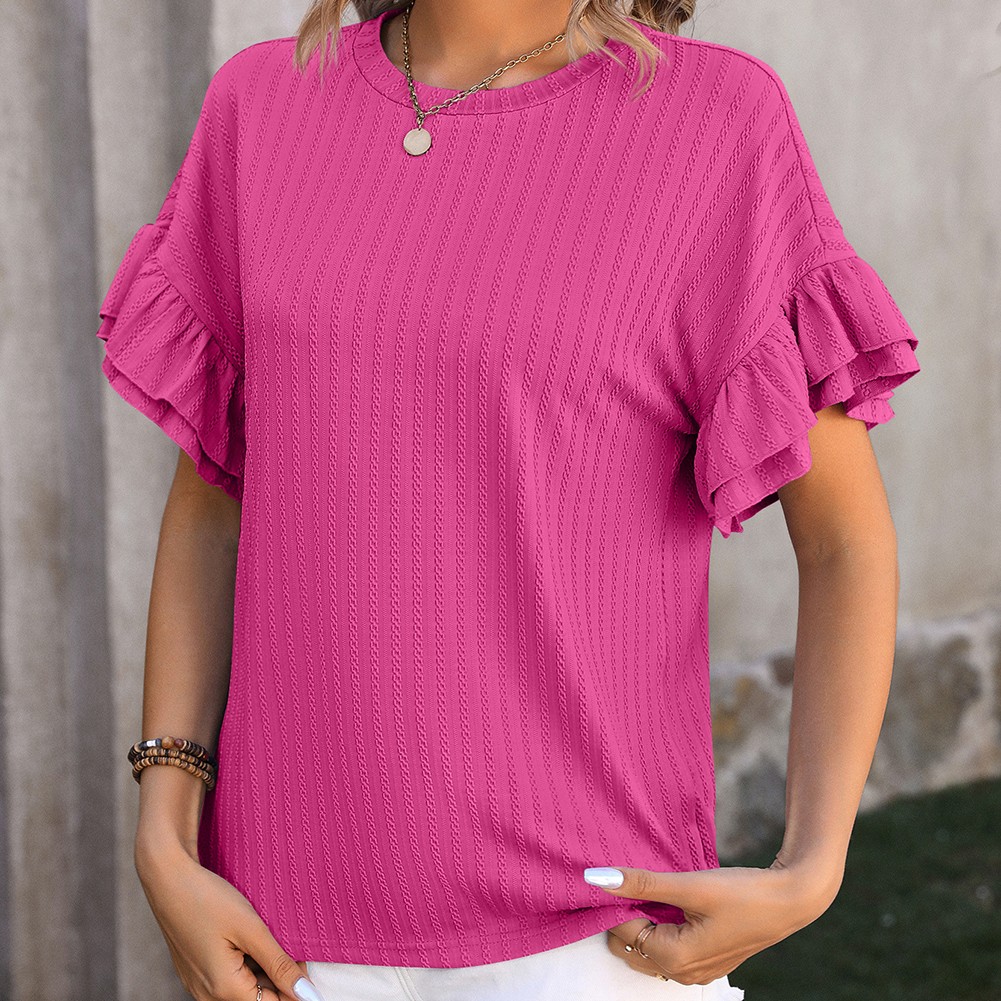 Elegant Women's Round Neck TShirt with Flutter Sleeves in Solid Shades - Picture 34 of 76