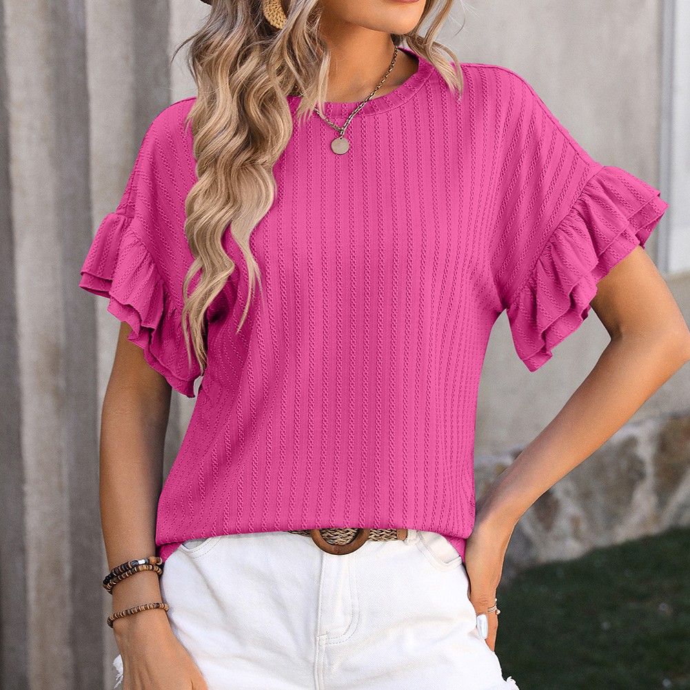Elegant Women's Round Neck TShirt with Flutter Sleeves in Solid Shades - Picture 32 of 76
