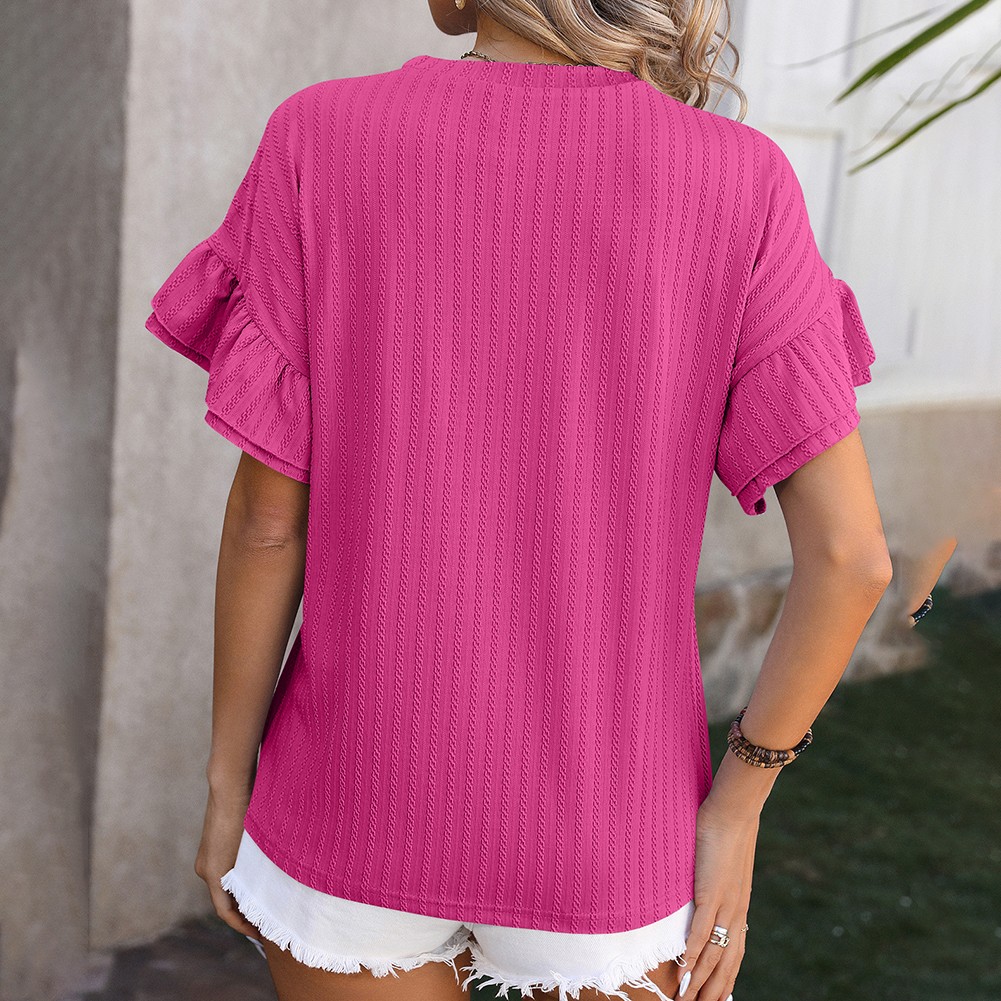 Elegant Women's Round Neck TShirt with Flutter Sleeves in Solid Shades - Picture 26 of 76