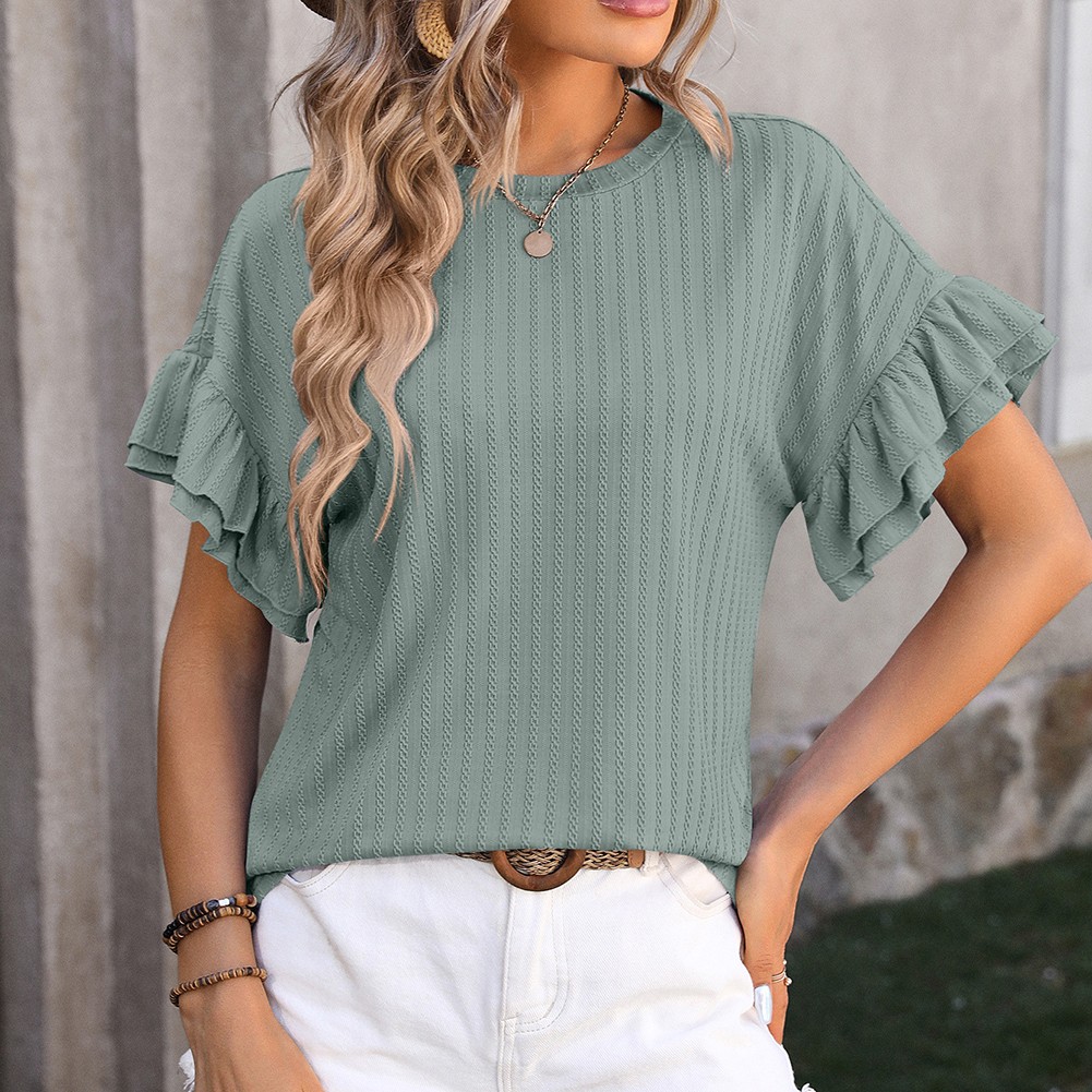 Elegant Women's Round Neck TShirt with Flutter Sleeves in Solid Shades - Picture 51 of 76