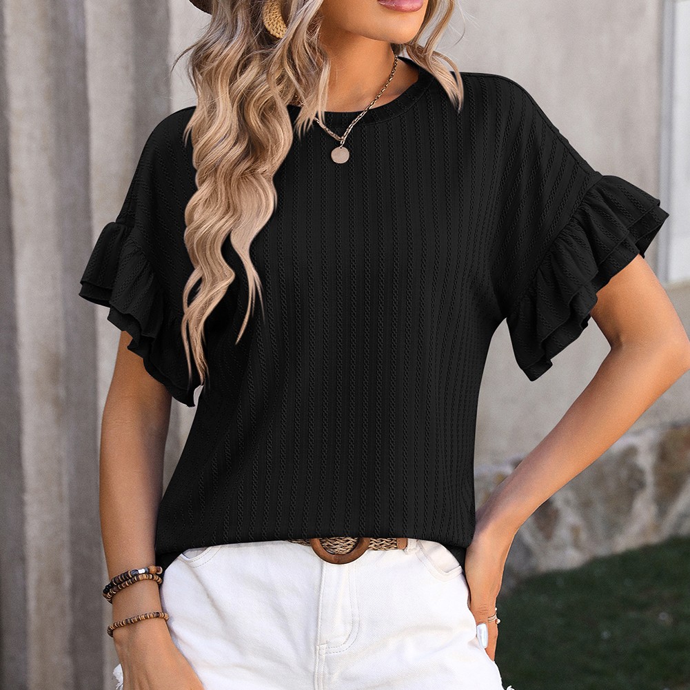 Elegant Women's Round Neck TShirt with Flutter Sleeves in Solid Shades - Picture 62 of 76