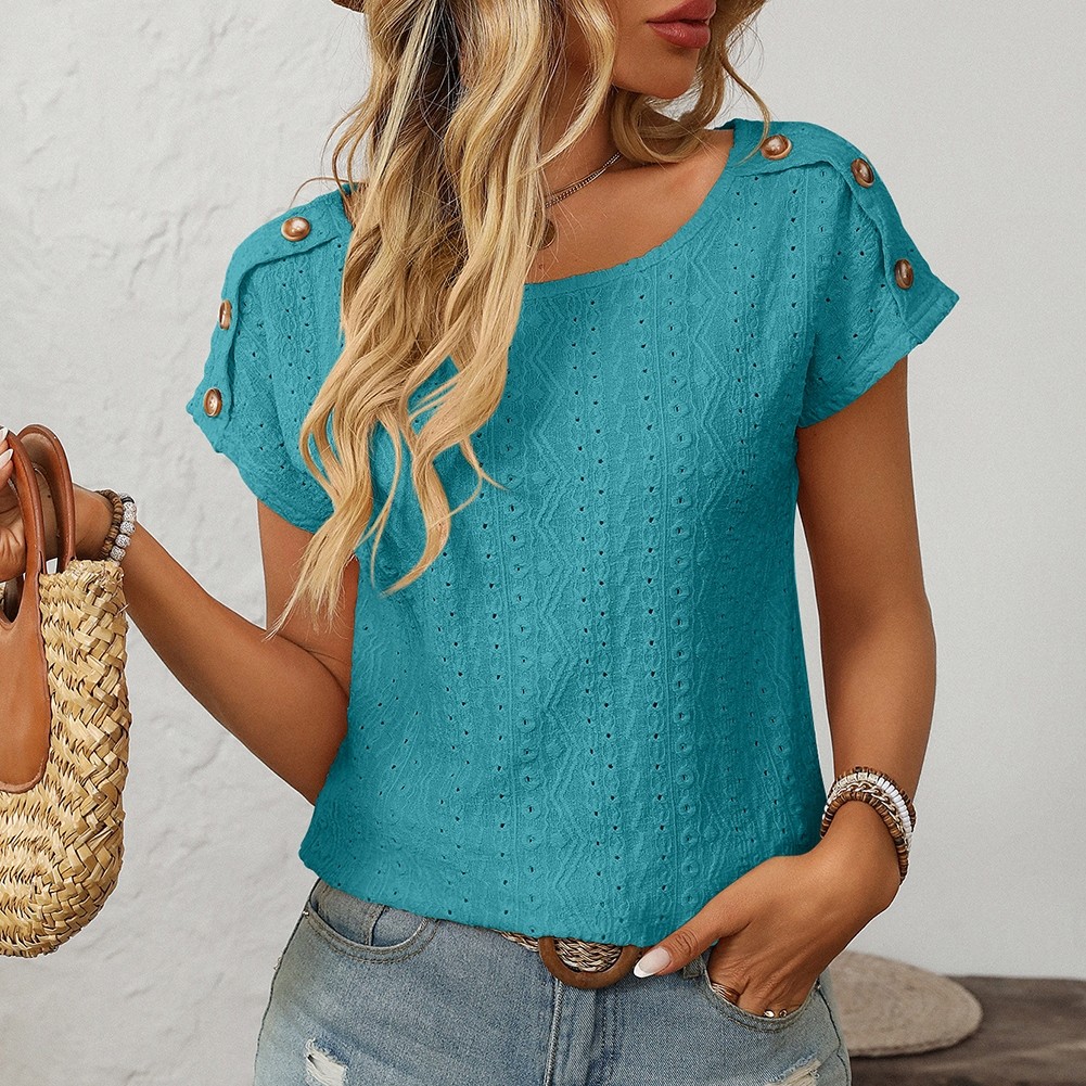 Comfortable Short Sleeve Top for Women with Button Features and Loose Fit - Picture 110 of 132